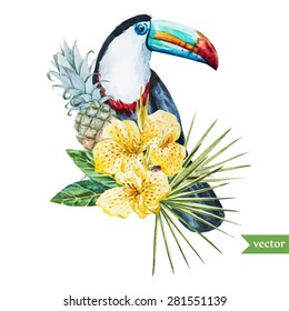 watercolor illustration tropical, pineapple, toucan and yellow hibiscus flowers