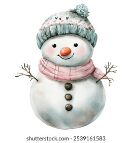 Watercolor illustration of two adorable snowmen dressed in cozy winter hats and scarves, standing side by side with friendly smiles. The snowmen feature vibrant colors, with one wearing a blue hat and