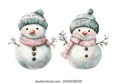 Watercolor illustration of two adorable snowmen dressed in cozy winter hats and scarves, standing side by side with friendly smiles. The snowmen feature vibrant colors, with one wearing a blue hat and