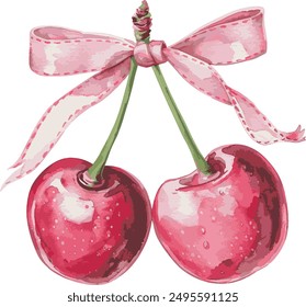 Watercolor illustration of two cherries with a pink bow on them, trendy vector print