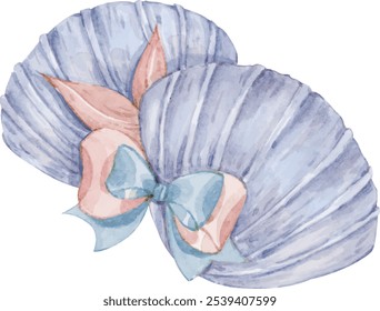 Ilustração em aquarela de duas conchas e um arco