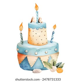 Ilustración de acuarela de un pastel de cumpleaños de dos niveles con velas, decorado en colores pastel y follaje.