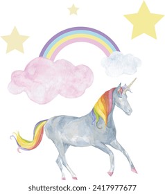 Watercolor illustration of иeautiful Unicorn on clouds with a rainbow and stars, vector. Concept of contemporary art collage.