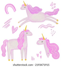 watercolor illustration of unicorns. set of printable unicorns. funny image of pink unicorns on a white background