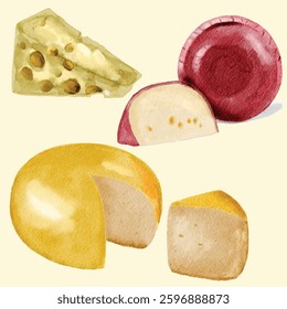 Watercolor illustration of various cheese types include gouda cheese, edam cheese and Swiss cheese