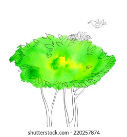 Watercolor illustration. Vector. Bird feeding nestlings. Can be used for wallpaper, background, pack, web page. Blobs, stain, paints blot.