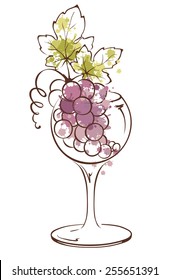 Watercolor illustration, vector -- bunch of grapes in wineglass