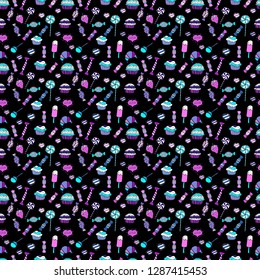 Watercolor illustration. Vector illustration. Cute birthday background on violet, black and blue. Seamless pattern. Cupcake, macaron, shortbread. Seamless background cakes.
