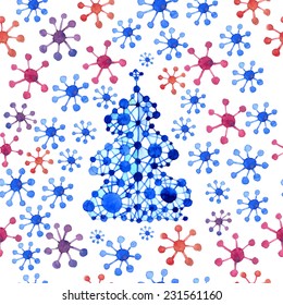 Watercolor illustration in vector format - christmas tree and snowflakes, seamless pattern