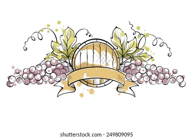 Watercolor illustration, vector -- grape with ribbon and wine cask