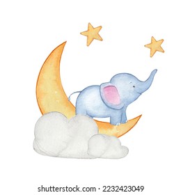 watercolor illustration vector of graphic cute sleep elephant   with cloud, start and moon, white background. fit good for children's book, wall decor, children's room decoration