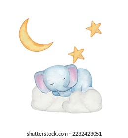 watercolor illustration vector of graphic cute sleep elephant   with cloud, start and moon, white background. fit good for children's book, wall decor, children's room decoration