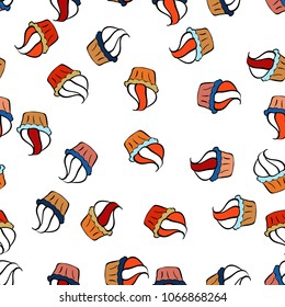 Watercolor illustration. Vector illustration. Seamless pattern. Seamless background cakes. Cupcake, macaron, shortbread. Cute birthday background on white, orange, black, red and blue.