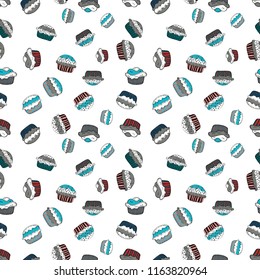 Watercolor illustration. Vector illustration. Seamless pattern. Cupcake, macaron, shortbread. Seamless background cakes. Cute birthday background on white, gray and blue.
