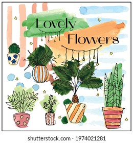 Watercolor illustration vector set with home plants, dots and stripes.