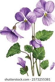 Watercolor illustration illustration vector of violet flowers with leaves and buds. Bouquet of field violets.