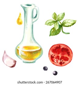 Watercolor illustration of vegetable. Basil, tomatoes, garlic, olives ,olive oil. Isolated on white.