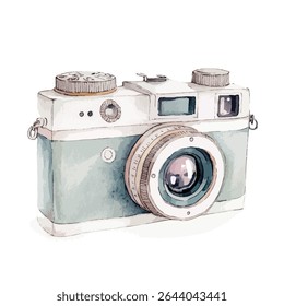 A watercolor illustration of a vintage camera, featuring textured details, a reflective lens, and a classic design.