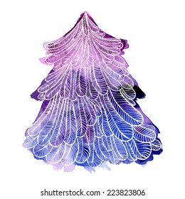 Watercolor illustration of violet spruce tree with hand drawn ornate white outline. Vector design element isolated on white background.