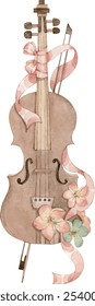 Watercolor illustration of violin and flowers