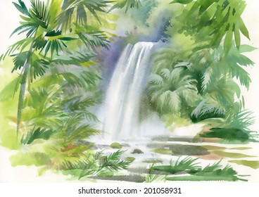 Watercolor Illustration Of Waterfall In Jungle Vector