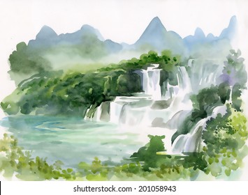 Watercolor illustration of waterfall in jungle vector