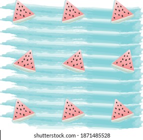 Watercolor illustration with watermelons on a blue stripes background. Pattern, background with pastel colors