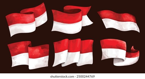 Watercolor Illustration of Waving Indonesia Flag for Independence Day Celebration and National Events