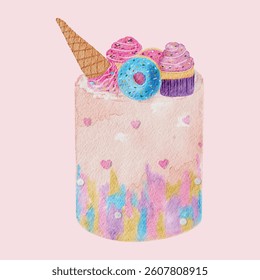 Watercolor illustration of a whimsical pink birthday cake decorated with an ice cream cone, a donut, two cupcakes, and small pink hearts