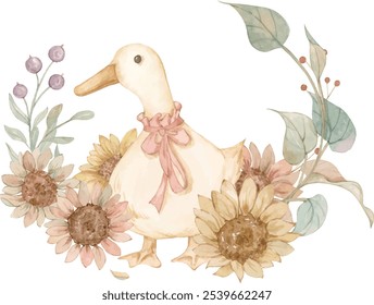 
Watercolor illustration of white ducks and sunflowers