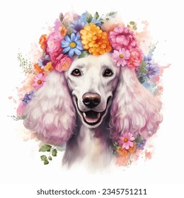 Watercolor illustration white standard poodle decorated with flowers by hand draw isolated on white background.