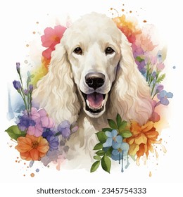 Watercolor illustration white standard poodle decorated with flowers by hand draw isolated on white background.