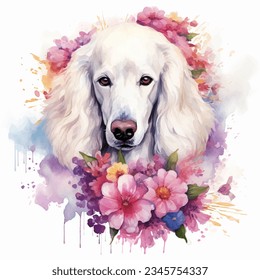 Watercolor illustration white standard poodle decorated with flowers by hand draw isolated on white background.