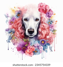 Watercolor illustration white standard poodle decorated with flowers by hand draw isolated on white background.