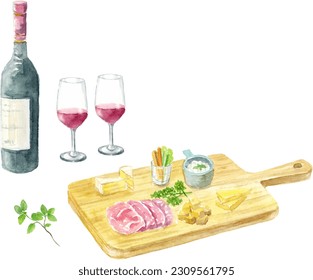 Watercolor illustration of wine and cheese board