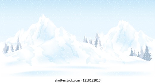 Watercolor illustration of winter mountains landscape with pines and hills, vector illustration.