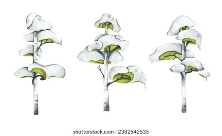 Watercolor illustration of Winter snow-covered tree.