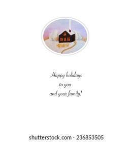Watercolor illustration of winter view to country house