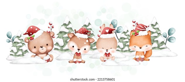 Watercolor illustration winter in woodland with cute animals