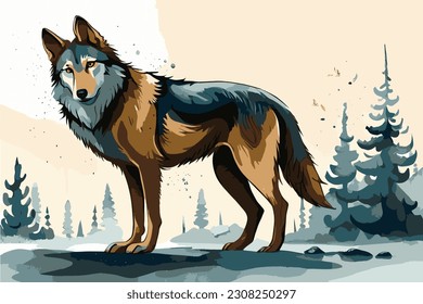 Watercolor illustration of a wolf. Drawing of a wolf in nature.