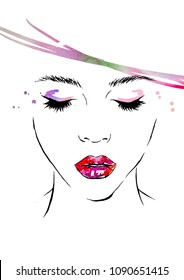 Watercolor illustration of a woman with bright lipstick.