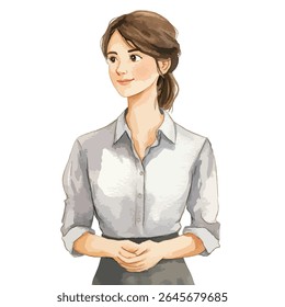 A watercolor illustration of a woman in a button-down shirt and skirt, hands clasped, looking off to the side.