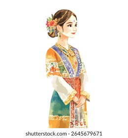 A watercolor illustration of a woman in traditional clothing, adorned with floral hair accessories and jewelry.