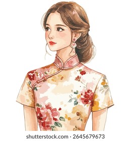 A watercolor illustration of a woman wearing a floral cheongsam, looking to the side with a serene expression.