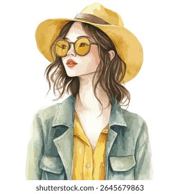 Watercolor illustration of a woman wearing a yellow hat, yellow sunglasses, and a blue jacket, looking to the side.
