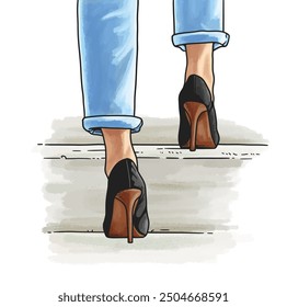 Watercolor illustration of a woman's lower leg clad in jeans and black high heels, ascending a staircase.