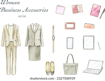 Watercolor illustration of women's suits and accessory set