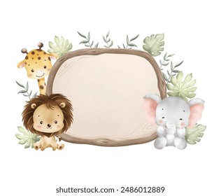 Watercolor Illustration Wooden Board and Baby Safari Animals