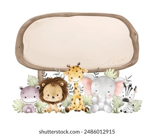 Watercolor Illustration Wooden Board and Baby Safari Animals