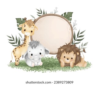 Acuarela Ilustración tablero de madera con bonitos animales de safari sentados sobre hierba verde y hojas tropicales